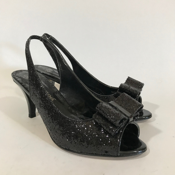 J.Renee Shoes - Patent Leather & Glitter Peep-Toe Slingback w/Bow